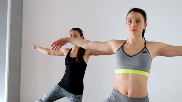 Deux belles jeunes filles athlétiques sur ses genoux élevés pieds et mains symétriques dans les exercices latéraux de Pilates . — Video