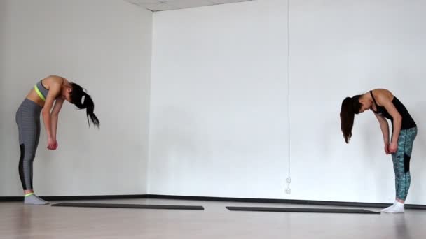 Дві красиві дівчата в спортивному одязі на сірому фоні займаються пілатесом. Плавно згинатися на руках виконувати натискання . — стокове відео