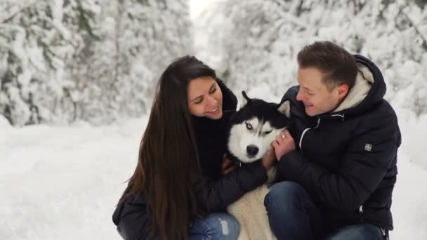 Família casal homem e mulher sentados na floresta abraçando seu cão maricas siberiano favorito. Pessoas felizes e animais felizes . — Vídeo de Stock