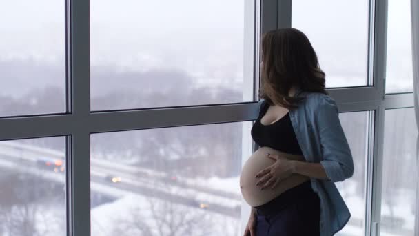 Uma mulher grávida feliz está em uma grande janela panorâmica localizada em uma alta altitude. Ele toca seu estômago com as mãos e se comunica sorrindo com o bebê na barriga — Vídeo de Stock