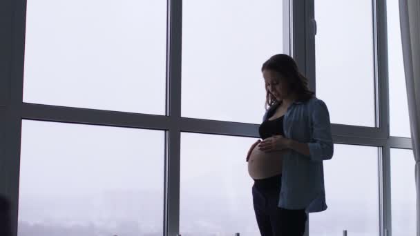Το πρωί της μια ευτυχισμένη χαμογελώντας έγκυος γυναίκα σε ένα κομψό διαμέρισμα με πανοραμικά παράθυρα. Μια γυναίκα είναι σε αναμονή για τον τοκετό με το gostpital. — Αρχείο Βίντεο