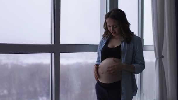 A happy pregnant woman stands at a large panoramic window located at a high altitude. He touches his stomach with his hands and communicates smilingly with the baby in the belly. a portrait of the — Stock Video