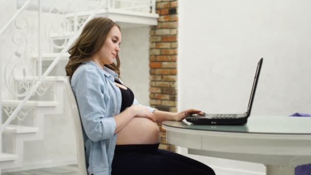 怀孕妇女在休产假期间从事业务。坐在电脑边抚摸着她的肚子, 和肚子里的婴儿交谈。. — 图库视频影像