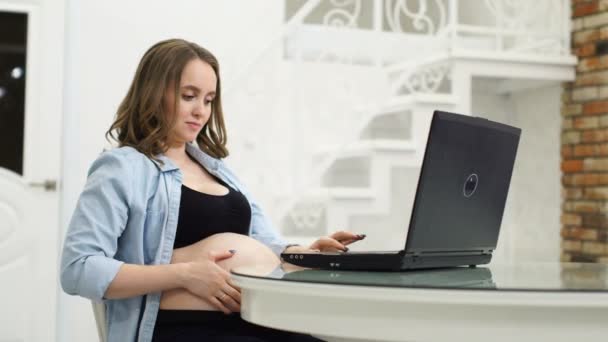 Una mujer embarazada se dedica a los negocios durante el permiso de maternidad. Sentada en la computadora acariciando su vientre y hablando con el bebé en el vientre. Imprime un mensaje en el teclado de su computadora portátil. Se comunica con — Vídeo de stock