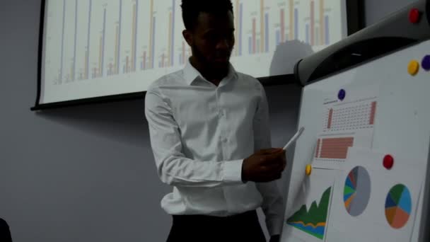 Αφρικανικός Αμερικανός προπονητής δίνει εταιρική παρουσίαση για τους επιχειρηματίες στο γραφείο, σκοτεινά εκδορά επιχειρηματίας παρουσιάζει νέο επιχειρηματικό σχέδιο σε πίνακα, μιλώντας στους υπολογιστές-πελάτες ακρόαση ομιλητής σε συνάντηση — Αρχείο Βίντεο