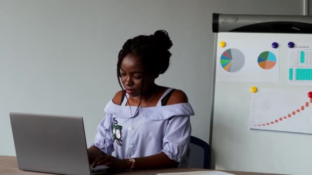 Portret van een Afro-Amerikaanse mooi meisje zittend op laptop in kantoor in office kleren op de achtergrond van grafieken en tabellen — Stockvideo