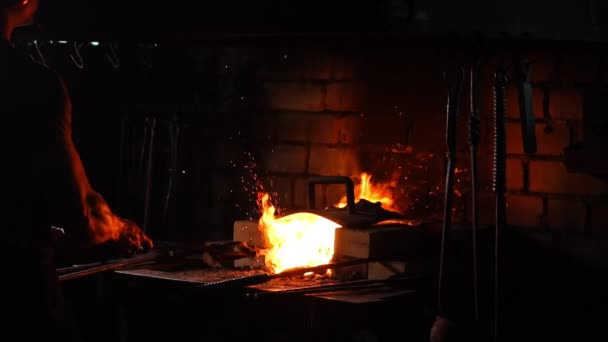 Endurecimiento del metal por enfriamiento agudo en agua. Hay vapor. El herrero templa una espada al rojo vivo en una vieja tecnología. Creación de armas antiguas. Armería de herreros . — Vídeo de stock