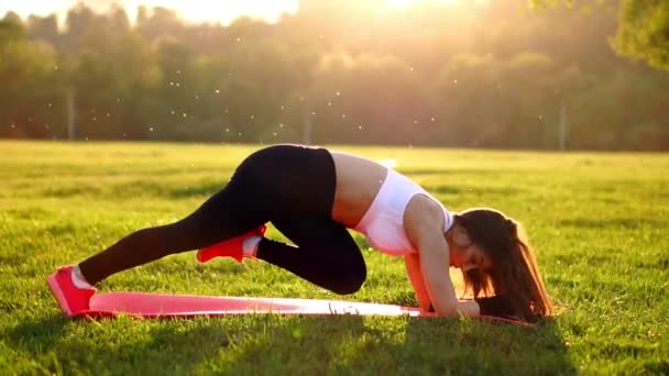 Mulher atlética magro trabalhando no parque fazendo exercício de joelho-salto ou lunges. Pôr do sol pés perto em tênis rosa na grama — Vídeo de Stock