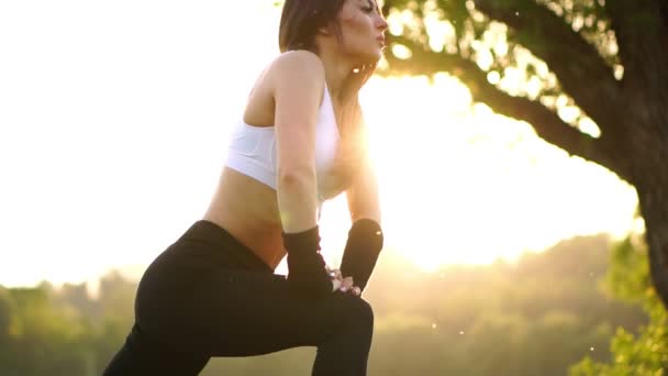 Slanke sportieve vrouw trainen in park knie-bounce oefening of lunges doen. Zonsondergang voeten close-up in roze sneakers op het gras — Stockvideo