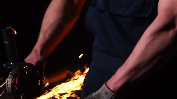 Industrial engineer working on cutting a metal and steel with compound mitre saw with sharp, circular blade — Stock Video