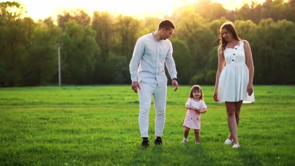 Familia joven feliz con niño caminando en el campo de verano. Madre sana, padre e hija pequeña disfrutando de la naturaleza juntos, al aire libre. Puesta de sol . — Vídeos de Stock