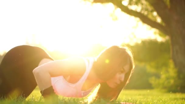 Push up o press up esercizio da parte di una giovane donna. Ragazza che lavora su erba crossfit allenamento di forza nel bagliore del sole del mattino contro un cielo bianco con copyspace. Modello caucasico . — Video Stock