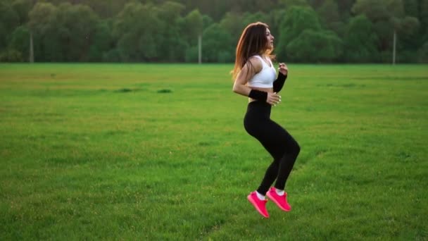 На закате в поле спортивной девушки на траве в белом топе и розовых кроссовках делает разминку, прежде чем поднять бедра. Спорт. Закрывай. Травяные кроссовки — стоковое видео
