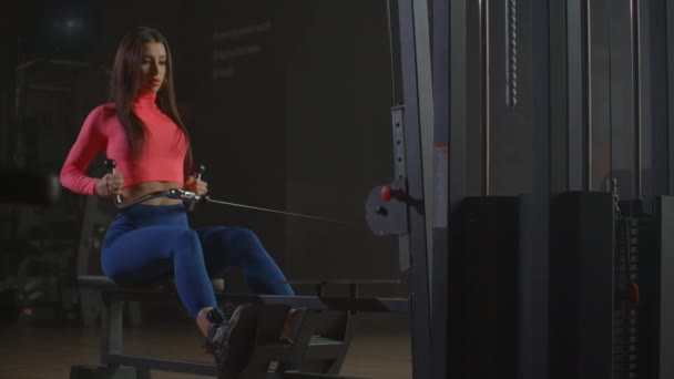 La chica bombeada hace ejercicios en el remo. Una chica se sienta detrás de un simulador especial. Un simulador se llama máquina de remo . — Vídeos de Stock