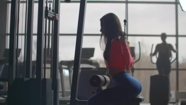 Самка трясе її спиною під час тренування в спортзалі. Навчання в кімнаті з великими вікнами на задньому плані жінка використовує еліпсоїд і бігову доріжку. — стокове відео
