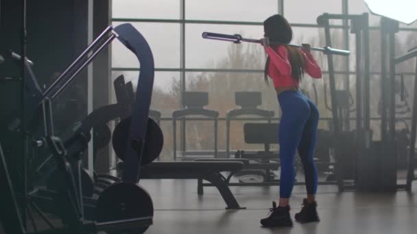 The woman is doing squats in fitness center — Stock Video