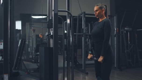 La mujer bombea bíceps y tríceps en el gimnasio — Vídeos de Stock