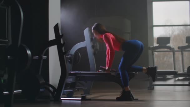 La joven está entrenando su espalda en el banco — Vídeos de Stock