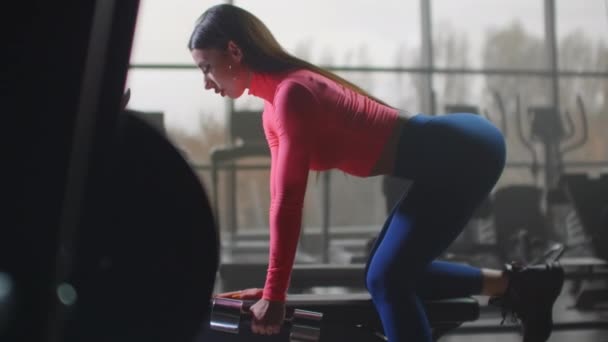 La chica está entrenando su espalda. — Vídeos de Stock