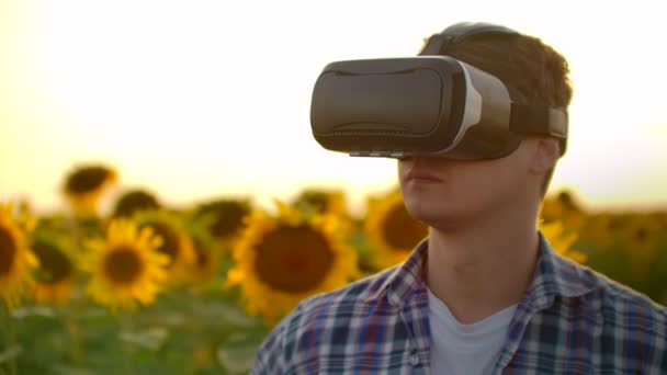 Een jongeman inspecteert een veld met zonnebloemen in virtual reality glazen op zonnige dag. Dit zijn moderne technologieën in de zomeravond — Stockvideo