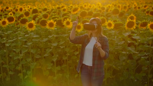 Moderne Bäuerin auf einem Feld mit Sonnenblumen nutzt VR-Technologie. Simulation der Benutzeroberfläche der Anwendungen. Steuerung des Bewässerungssystems mit Drohnen. Inspektion des Feldes mit Drohnen — Stockvideo