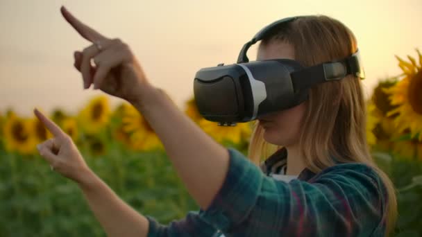 La agricultora moderna en un campo con girasoles utiliza la tecnología VR. Simulación de la interfaz de usuario de las aplicaciones. Controlar el sistema de riego con drones. Inspeccionar el campo con drones — Vídeo de stock