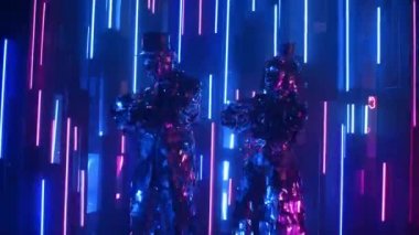 Neon ışıklı çift metalik parlak çift birlikte dans ediyor. Modern cam insanlar, gösteriler neon mavisi pembe ışıkla gösteriliyor. Komik bir dans. Kulüp için müzik ekran koruyucusu.