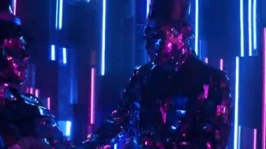 Neon ışıklı çift metalik parlak çift birlikte dans ediyor. Modern cam insanlar, gösteriler neon mavisi pembe ışıkla gösteriliyor. Komik bir dans. Kulüp için müzik ekran koruyucusu.