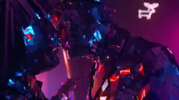 Coppia luce al neon metallico lucido coppia ballare insieme. Moderne persone di vetro, mette in mostra lo spettacolo in luce rosa blu neon. Un ballo divertente. Screensaver di musica per il club . — Video Stock