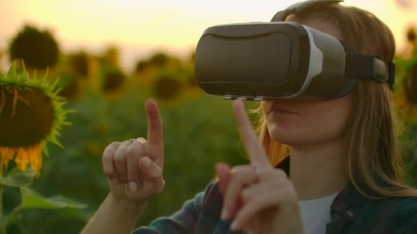 The female student uses VR glasses on the sunflower field — Stock Video