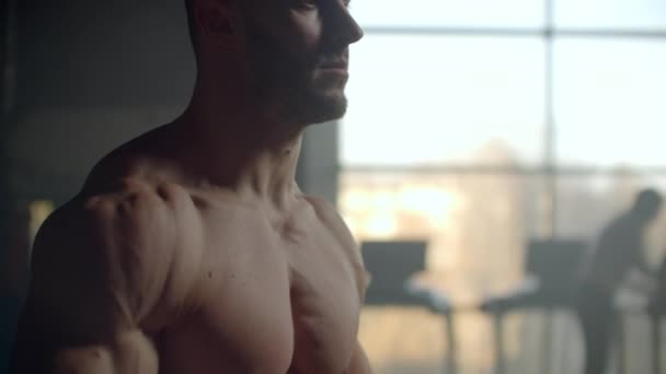 Ένας άντρας χωρίς μπλουζάκι σηκώνει αλτήρες μπροστά από το παράθυρο κάνοντας ασκήσεις για τους μύες των ώμων, εκπαίδευση μπόντι μπίλντερ. Υγιεινός τρόπος ζωής και ασκήσεις για να αποκτήσουν μυϊκή μάζα. Εκπαίδευση δύναμης — Αρχείο Βίντεο