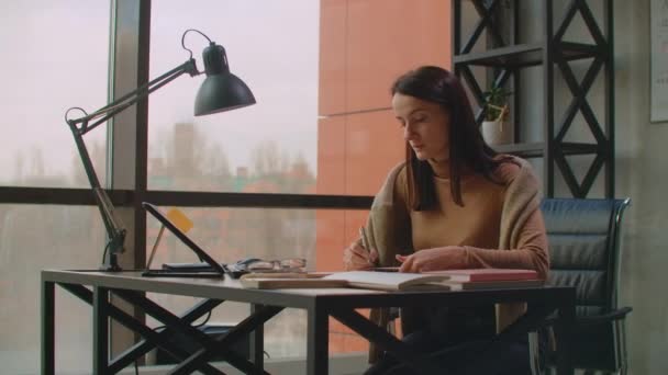 Μια γυναίκα γραφίστρια εργάζεται σε ένα γραφείο με μεγάλα παράθυρα και ζωγραφίζει χρησιμοποιώντας μια γραφίδα και μια οθόνη αφής υπολογιστή. Σταθμός εργασίας με οθόνη αφής για σχεδιαστές. — Αρχείο Βίντεο