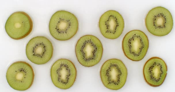 L'eau éclabousse au ralenti. Vue de dessus : plusieurs cercles de kiwi sont lavés à l'eau sur fond blanc. fruits hachés — Video