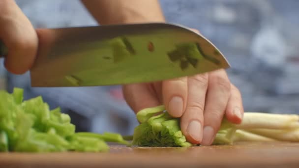 Yeşil soğan kesmek için. Tahtadaki yeşil soğanları kesiyor. Sağlıklı yemek.. — Stok video