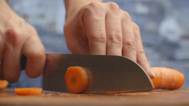 Woman cutting carrot on table, closeup. — Stock Video