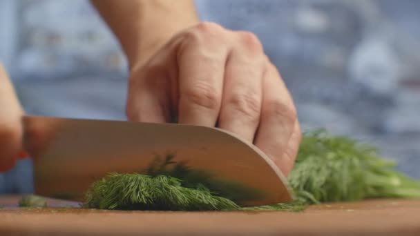 El primer plano del corte de eneldo verde en una tabla en la cocina en una tabla de madera. corte de hierba y vegetación . — Vídeo de stock