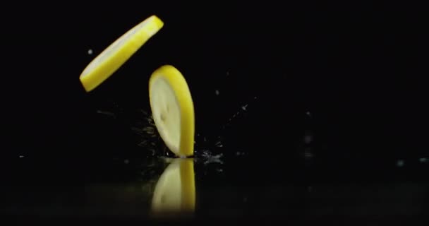 Juicy fret slices fall on the table with reflection and spray. Slow motion of a ring of yellow ripe lemon — 비디오