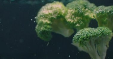 Green fresh broccoli washed in clear water before cooking, slow motion.