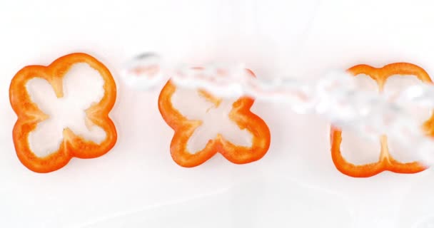Wasserspritzer fallen auf in Scheiben geschnittene rote Paprika-Ringe auf weißem Hintergrund. bulgarischer Pfeffer — Stockvideo