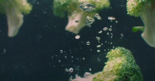 Broccoli Under water with air bubbles and in slow motion. Fresh and juicy healthy vegetarian product — Stock Video