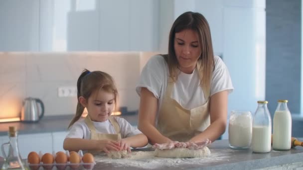 Frau und Mädchen verquirlen Eier in der Küche. Tochter und Mutter kochen zusammen — Stockvideo