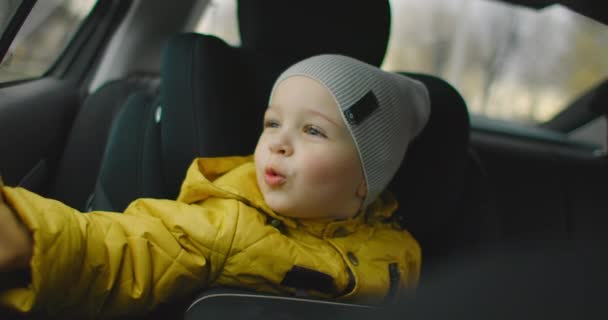 Arabayla seyahat eden küçük çocuk. 2 yaşında beyaz bir çocuk arabanın camından dışarı bakıyor. İki yaşında beyaz bir çocuk, emniyet kemeri takıyor. Arabasında oturuyor ve hareket halindeki bir aracın camından dışarı bakıyor.. — Stok video