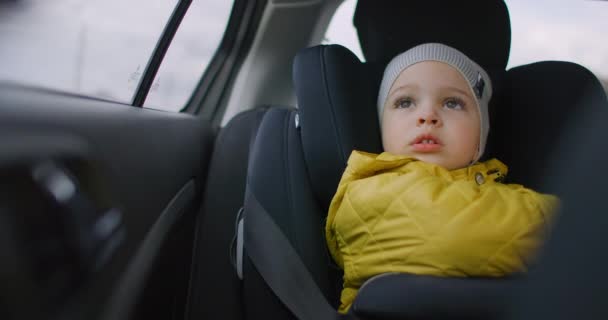 Kleine jongen op reis in een auto. Een blanke jongen van 2 die uit het autoraam kijkt. Een twee jaar oude blanke jongen een veiligheidsgordel zit in zijn autostoel en kijkt uit het raam van een bewegend voertuig. — Stockvideo