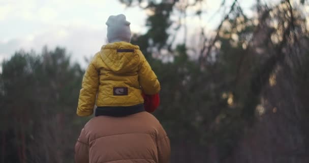 Rallentatore: papà si mette un ragazzo sulle spalle e lo porta in giro per il parco suburbano. Padre che porta suo figlio sulle spalle e cammina nel parco. Figlio e padre in giacche gialle che camminano nel bosco . — Video Stock