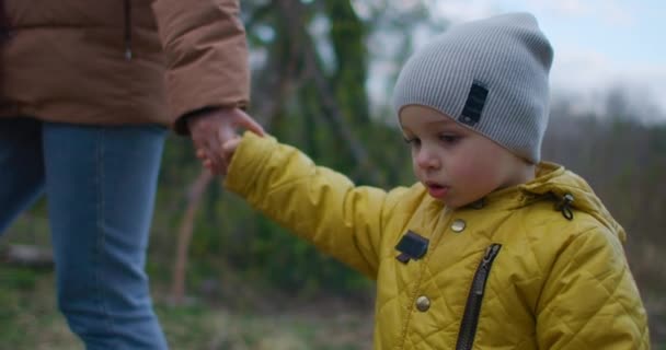 Batole s mámou procházející se v parku. Chlapec drží matku za ruku a běží do parku. Malý chlapec se usměje a podívá se na mámu. Matka a dítě přecházejí sem a tam a drží se za ruce — Stock video