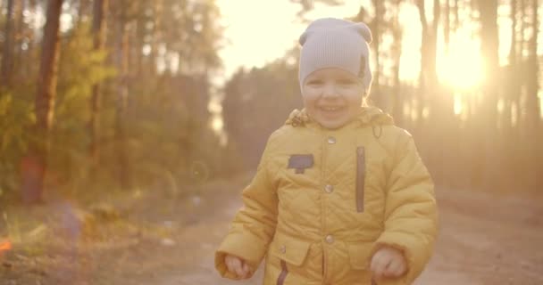 Lens Flare in Slow Motion: Szczęśliwy chłopiec biegający w jesiennym parku. Małe dziecko bawiące się na jesiennym spacerze. Jesienny las ze złotymi liśćmi. Jesienny las ze złotymi liśćmi — Wideo stockowe