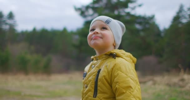 Zpomalit film šťastný chlapec close-up smích a zasněný při pohledu na povahu parku a stromů. Dítě, které zná svět kolem sebe. Spokojen a obdivuje dítě v lese. — Stock video