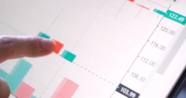 Finansal ticaret şeması dijital ekranda. Borsa Verisi ile Tüccar Adam Tablet Kullanıyor. Grafik Üzerine Ekonomi Verilerini Analiz Et.