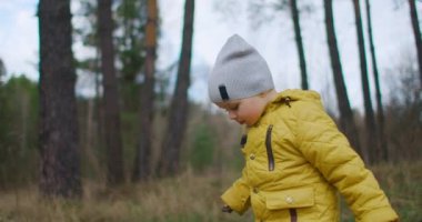 Aktif bir çocuk ormanda yürüyor. Autumn Park 'ta sarı yapraklı bir çocuğa yakın çekim. Bir çocuk ormandaki sarı yaprakların arasından geçer. Yavaş çekim