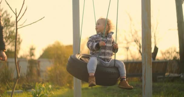 Man kind schommels op boom tak, kleine jongen rijden op schommel, portret van gelukkig kind, rust in het park, kind met plezier spelen in de frisse lucht — Stockvideo